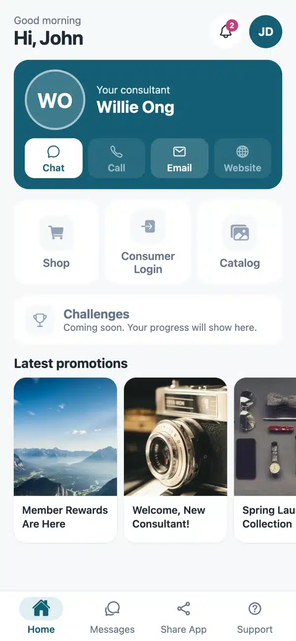 Empower customer app home with the rep's chat, call, email and website buttons