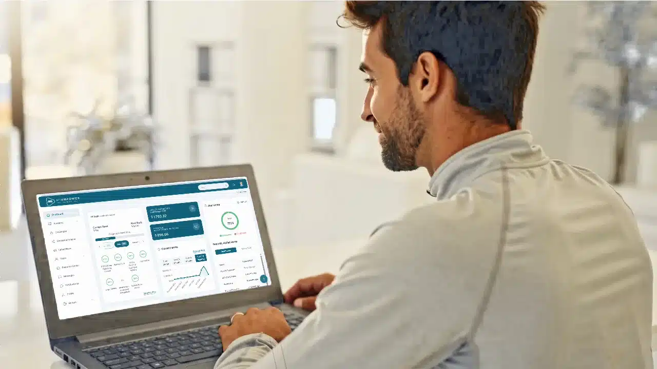 A home office leader reviewing the Empower command center dashboard on a laptop