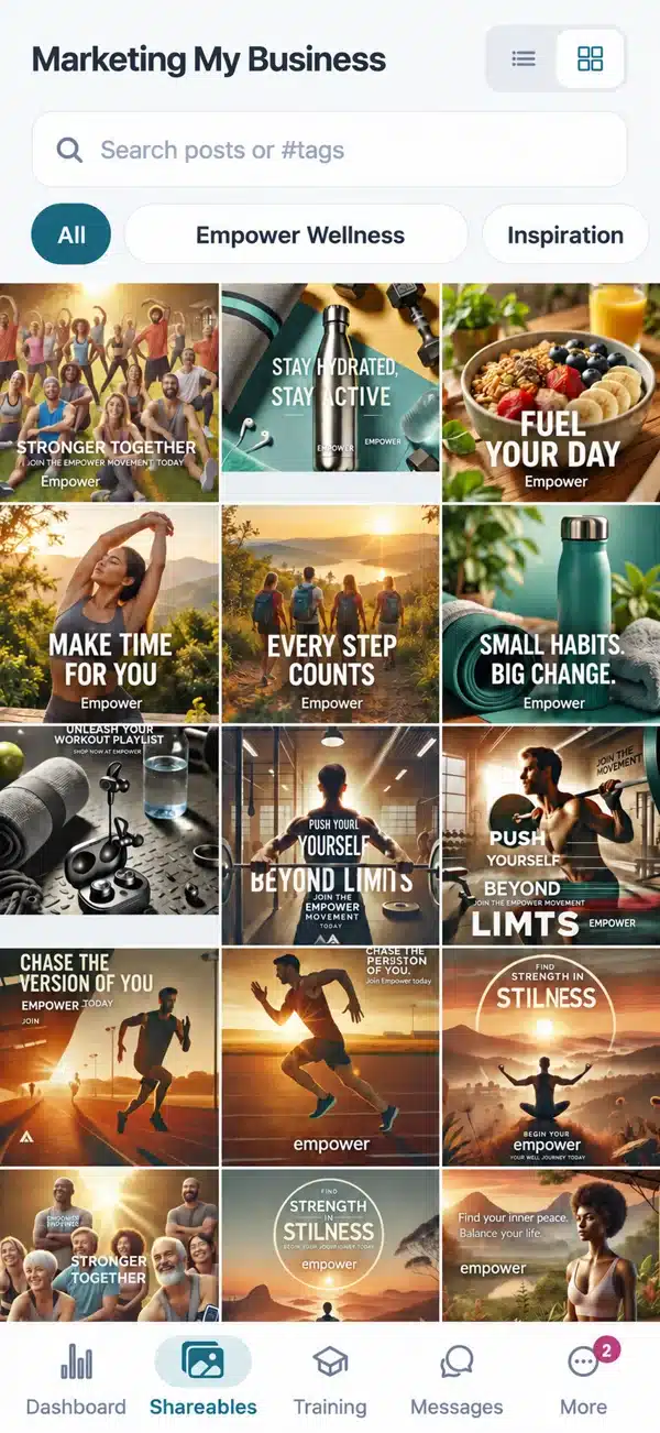 Shareables: a grid of on-brand images ready to post